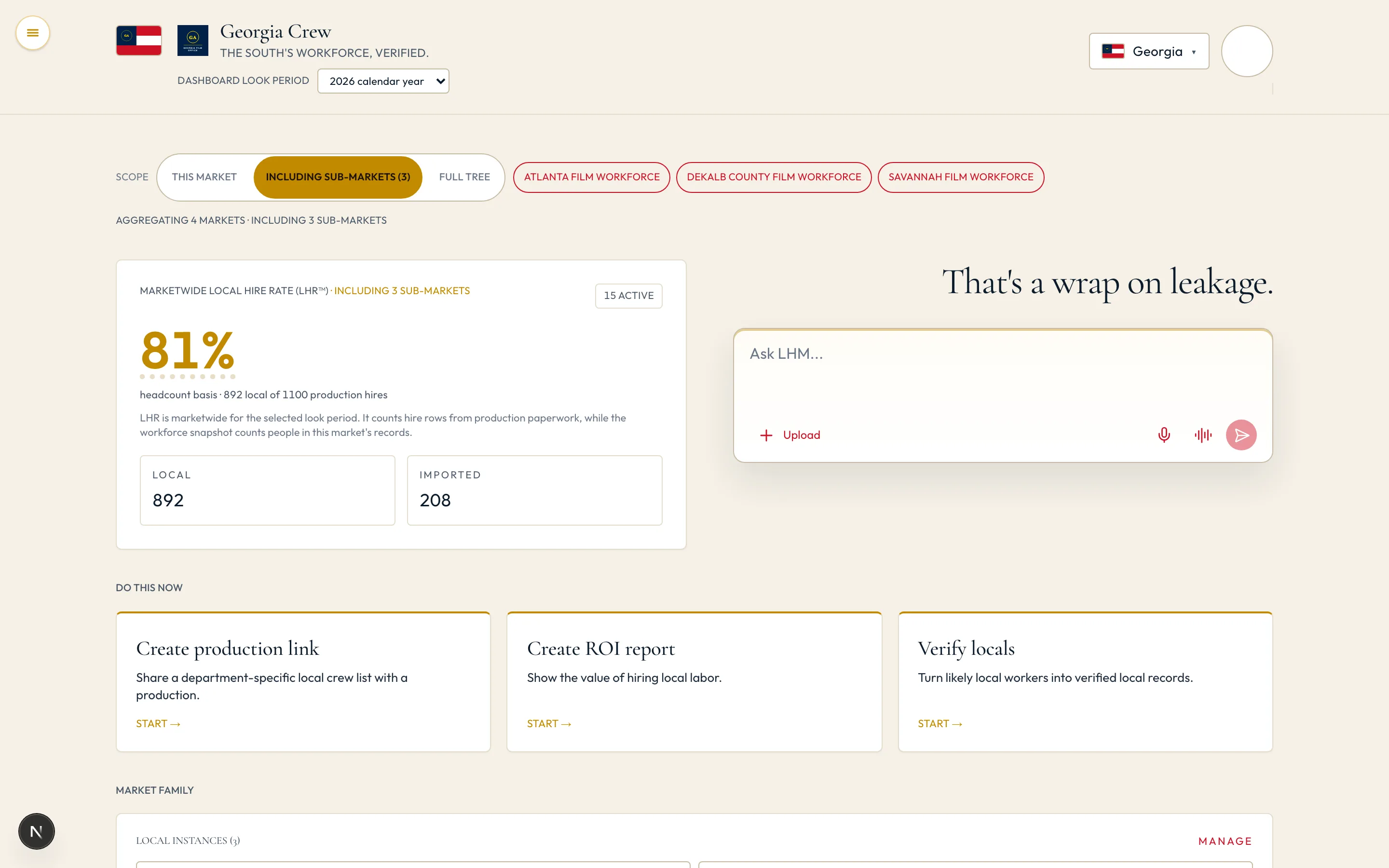 The Georgia demo dashboard with the scope toggle set to include three sub-markets — Atlanta, DeKalb County, and Savannah — aggregating four markets to an 81% Local Hire Rate.